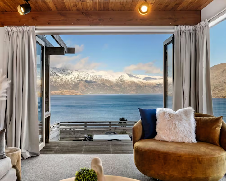 The epic mountain and water view at Stunning Views one of the best Queenstown Airbnbs
