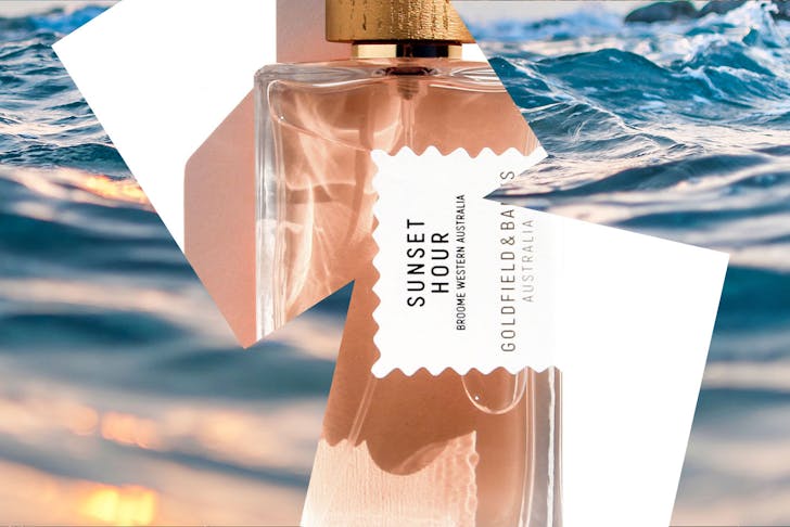 A collage showing the ocean at sunset and a bottle of Goldfield and Banks Sunset Hour perfume. 