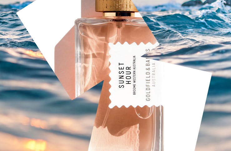 A collage showing the ocean at sunset and a bottle of Goldfield and Banks Sunset Hour perfume. 