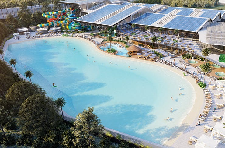 A render of a large wave park in the sunshine.