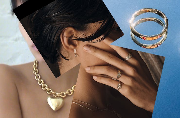 A collage of various images of gold sustainable jewellery