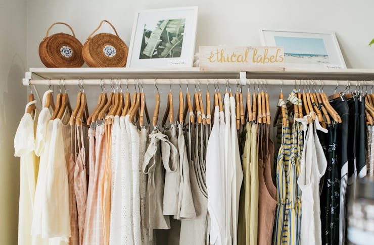 A rack of ethical clothing labels in a Sunshine Coast boutique. 
