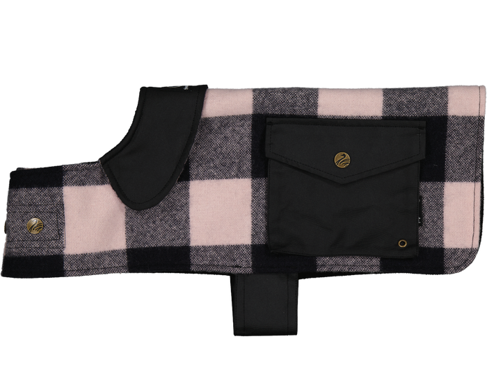 The Rose and Black checkered Swanndri Classic Dog Jacket with pockets and a turn-up neck collar 