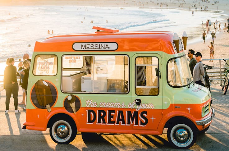 The Messina food truck parked at Bondi Beach on a sunny day. 