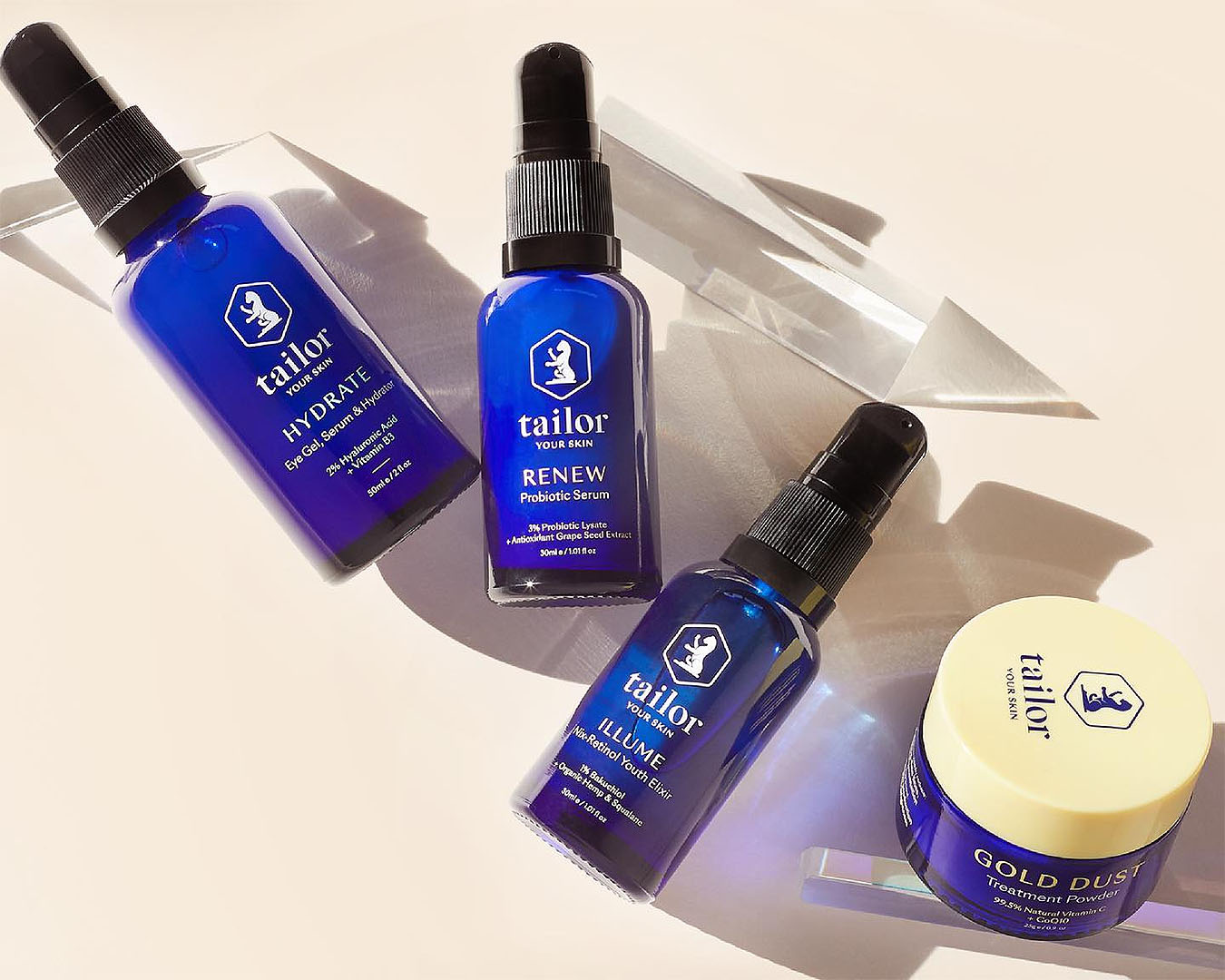 Tailor skincare products including Hydrate, Renew, Illume and Gold Dust.
