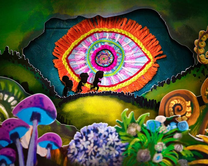 A colourful multi-media scene from Taniwha.