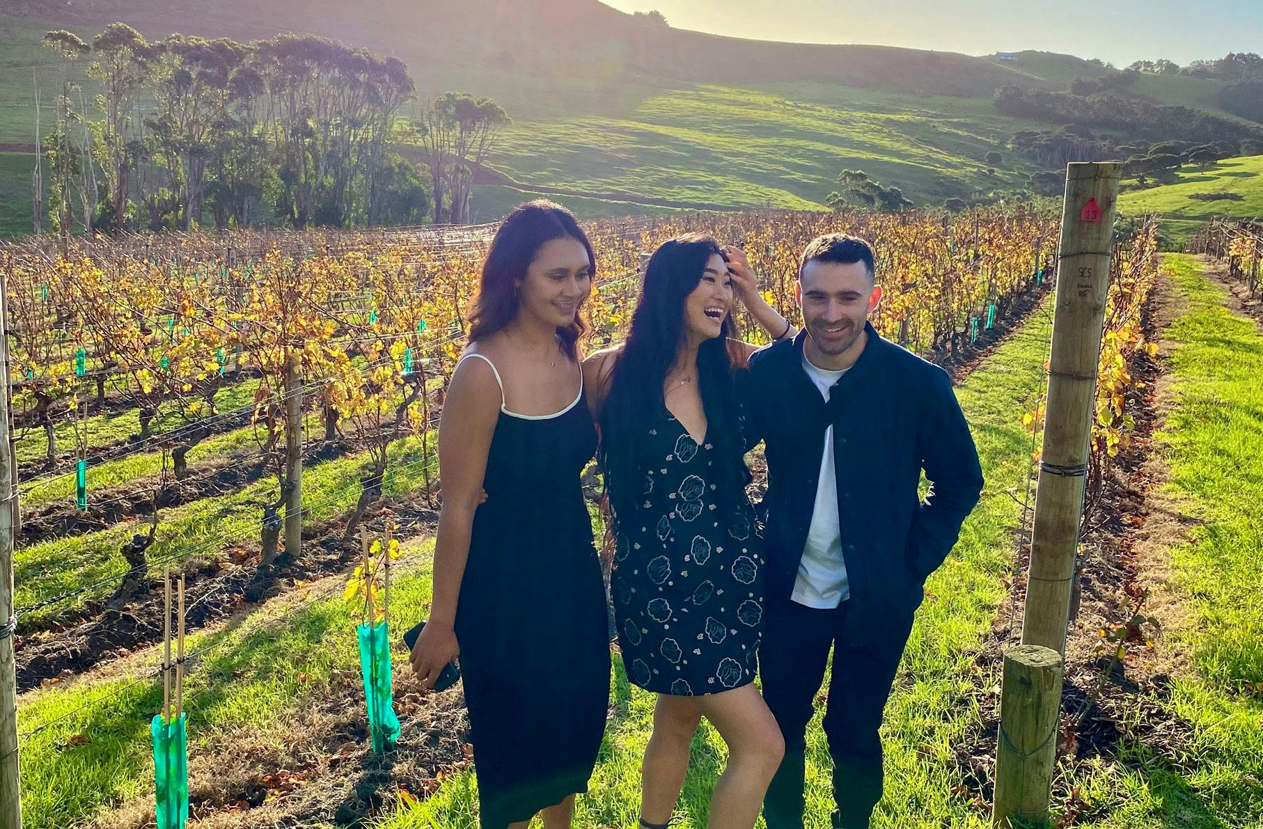 Three friends smiling in a vineyard on Waiheke Island in Auckland