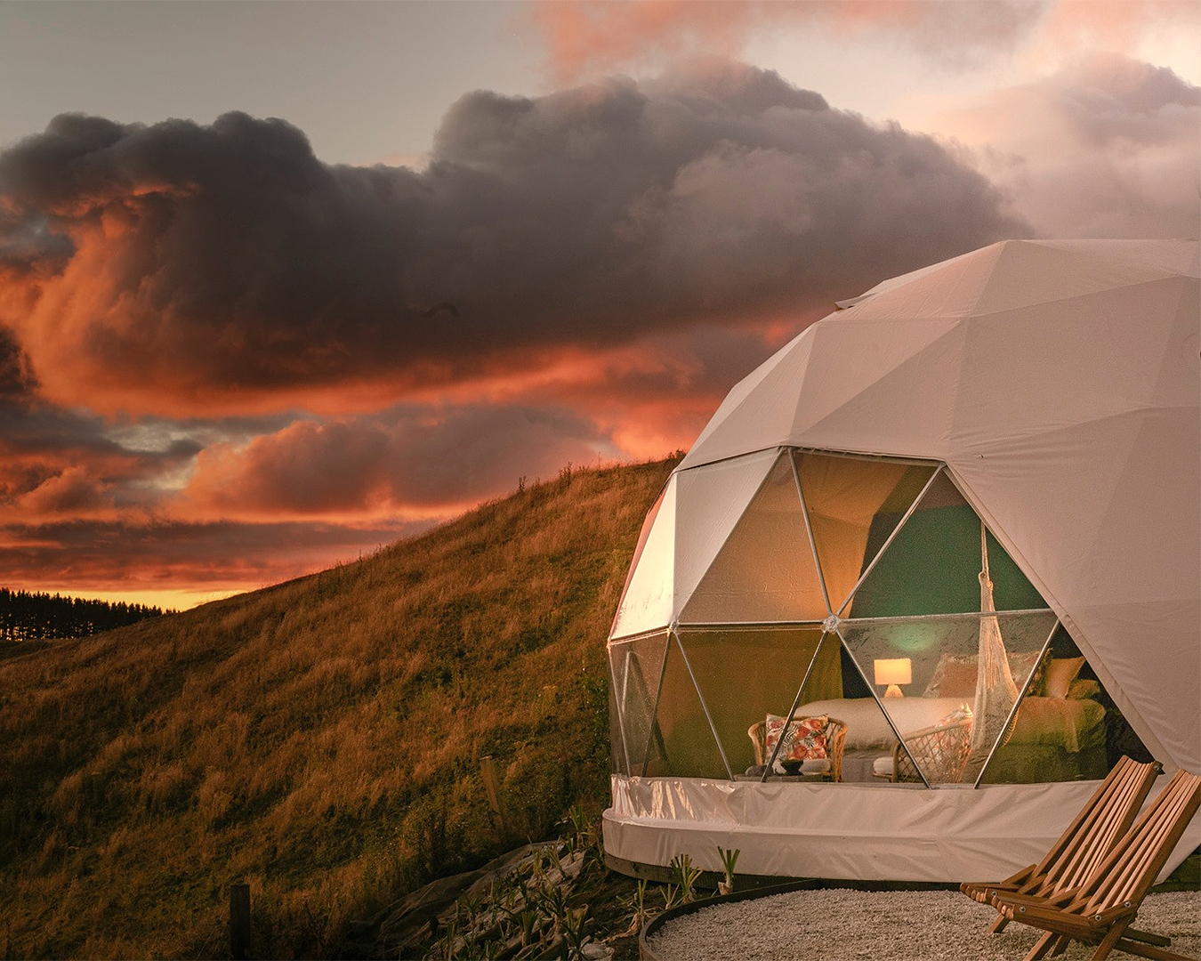 Te Tuhi Dome looks over countryside, looking like the ideal glamping spot.