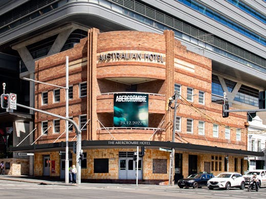The brick facade of the Abercrombie hotel in Chippendale, Sydney