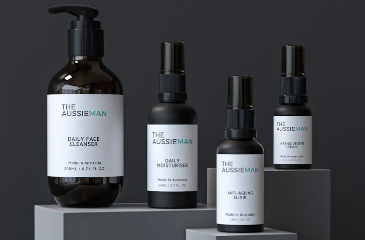 A selection of skincare bottles from The Aussie Man