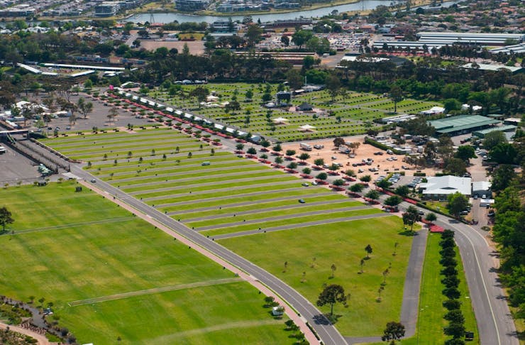 An aerial shot of Flemington Racecourse showing the parking lanes where The Drive-In will be held.