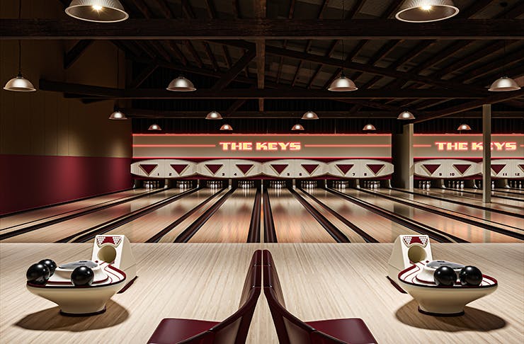 A render of a vintage bowling alley.