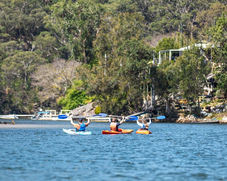 A wide shot view of three kayak boats on a river, with their back facing the camera and they are facing towards The Boatshed on land in front of them. The land is full of Australian native trees and the people in the kayaks are holding their paddles up in a cheerful pose.