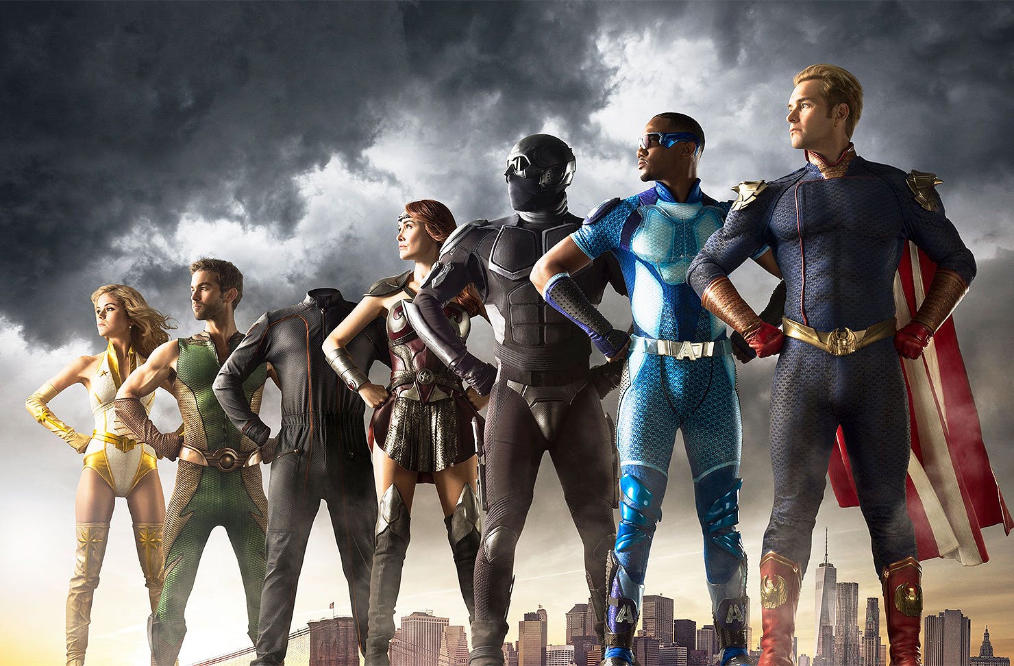 The alleged superheroes stand in a line.