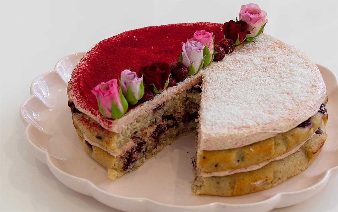 A two-layer berries and cream cake from The Caker, one of the best cake shops in Auckland. 
