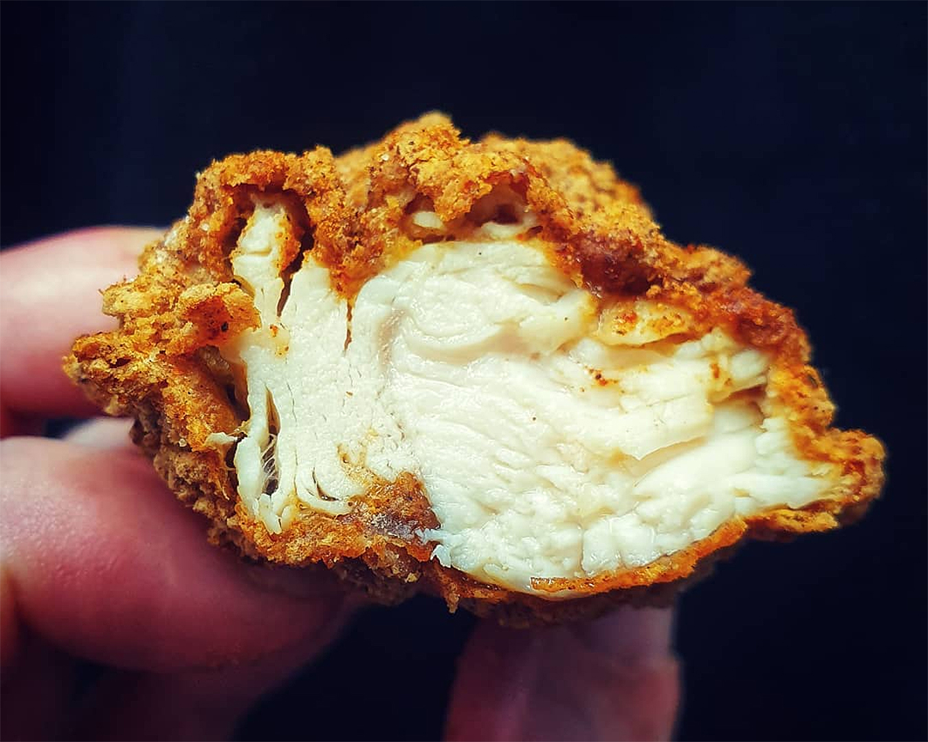 The cross section of a delicious piece of chicken.