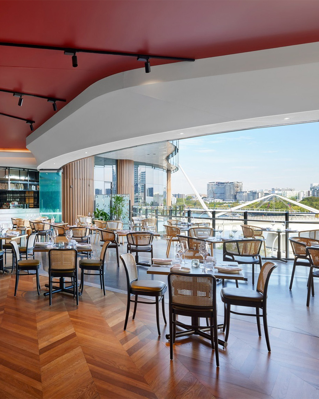 a dining room with a view at the lex brisbane cbd