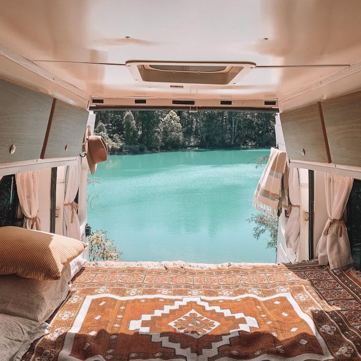 View of Black Diamond Lake in Ferguson Valley from inside a camper van