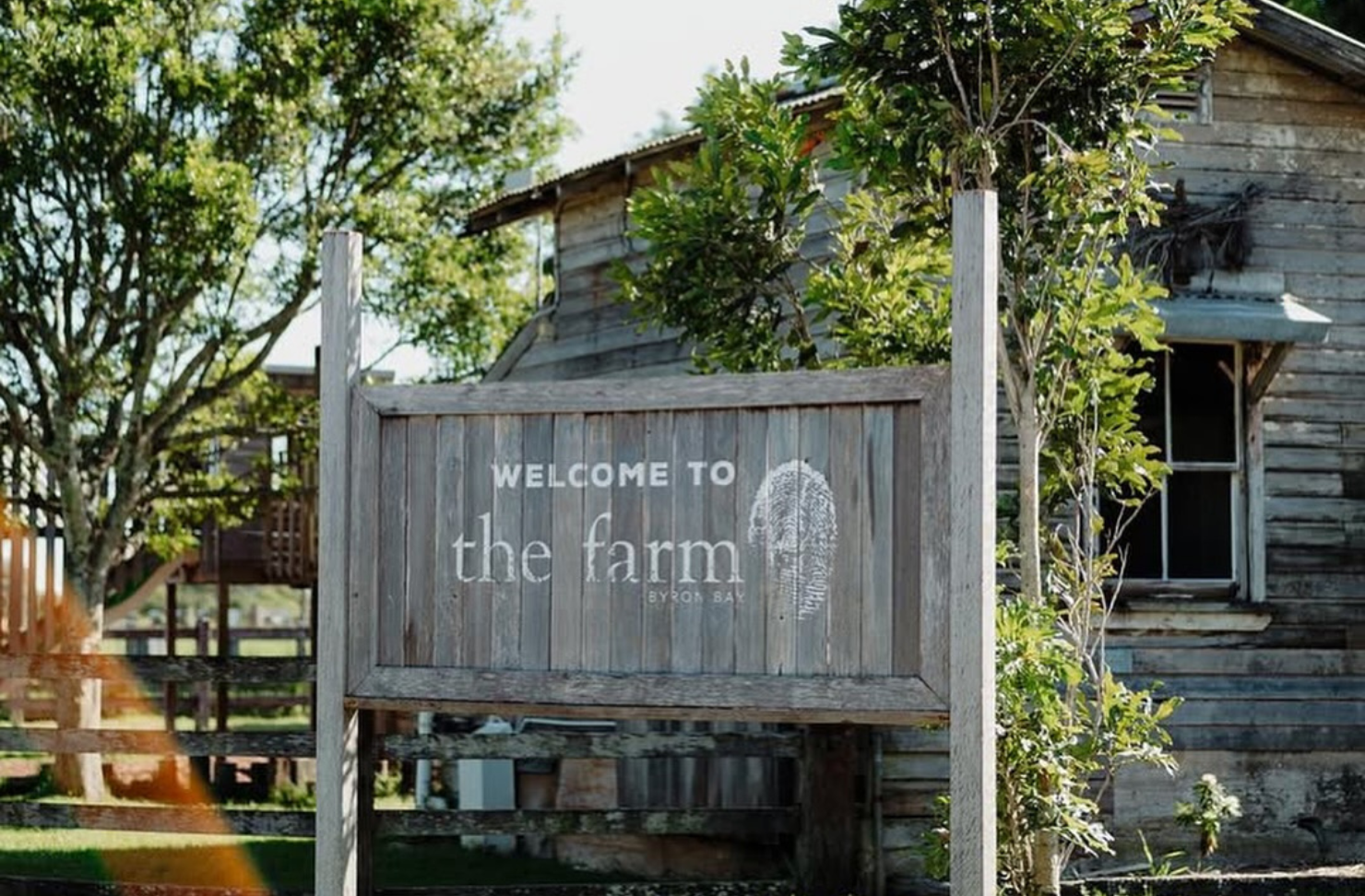 A wooden sign reads Welcome To The Farm outside a farmhouse