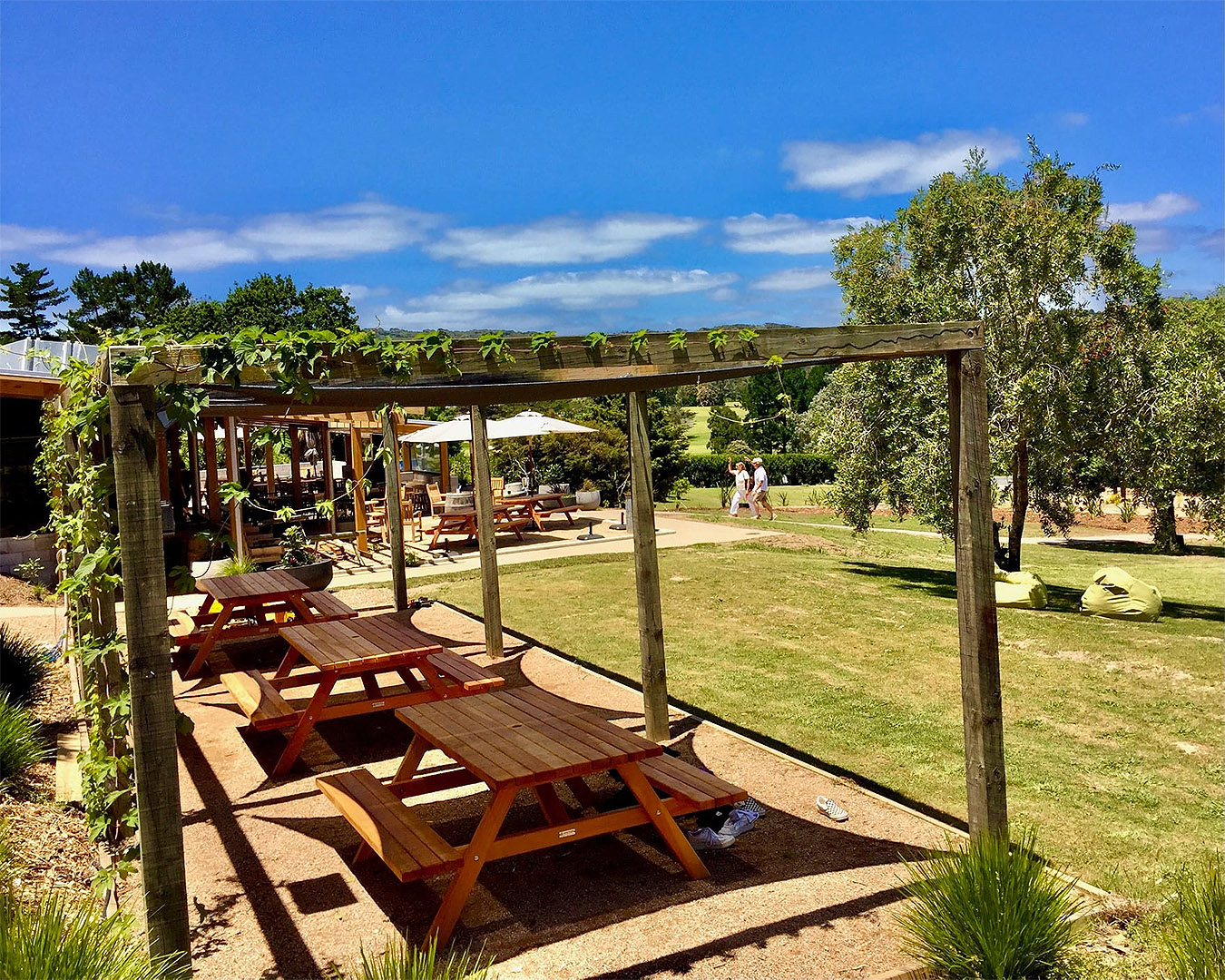 Picnic tables sit amongst the vines under an impossibly blue sky at The Heke on Waiheke.