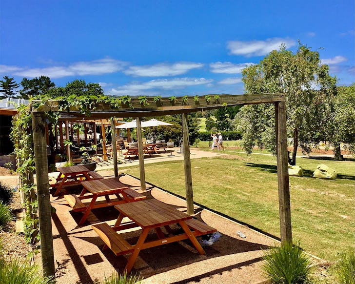 Picnic tables sit amongst the vines under an impossibly blue sky at The Heke on Waiheke.