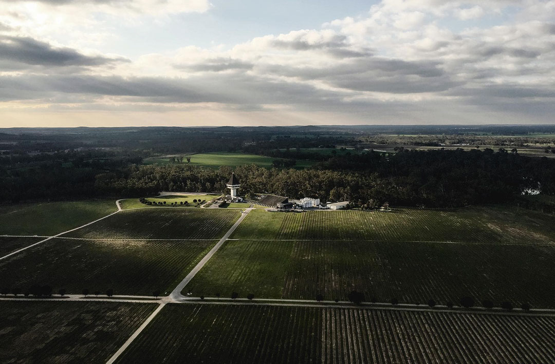 An aerial shot of Mitchelton Hotel and the surrounding estate including it's many vines.