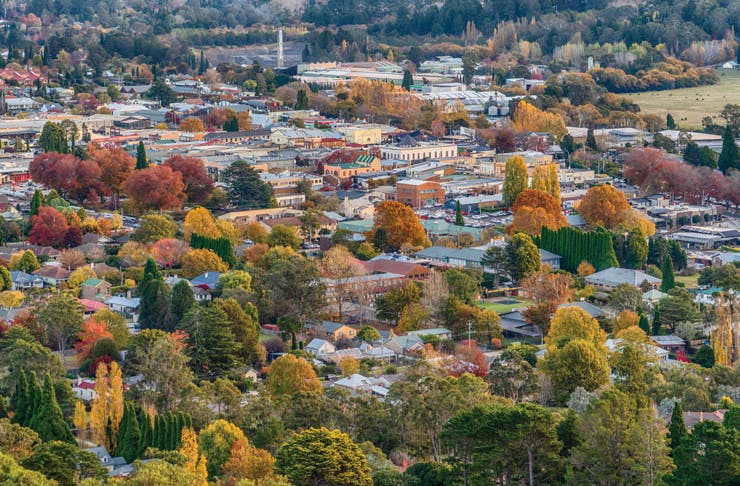 A view of roofs and trees in the township of Bowral in the Southern Highlands. 