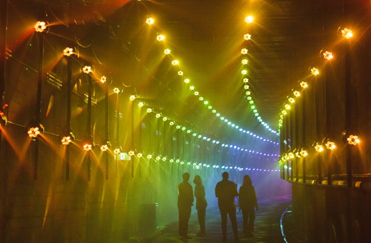 Coloured lights in a tunnel for the Darkfield experience which is happening in Sydney this weekend. 