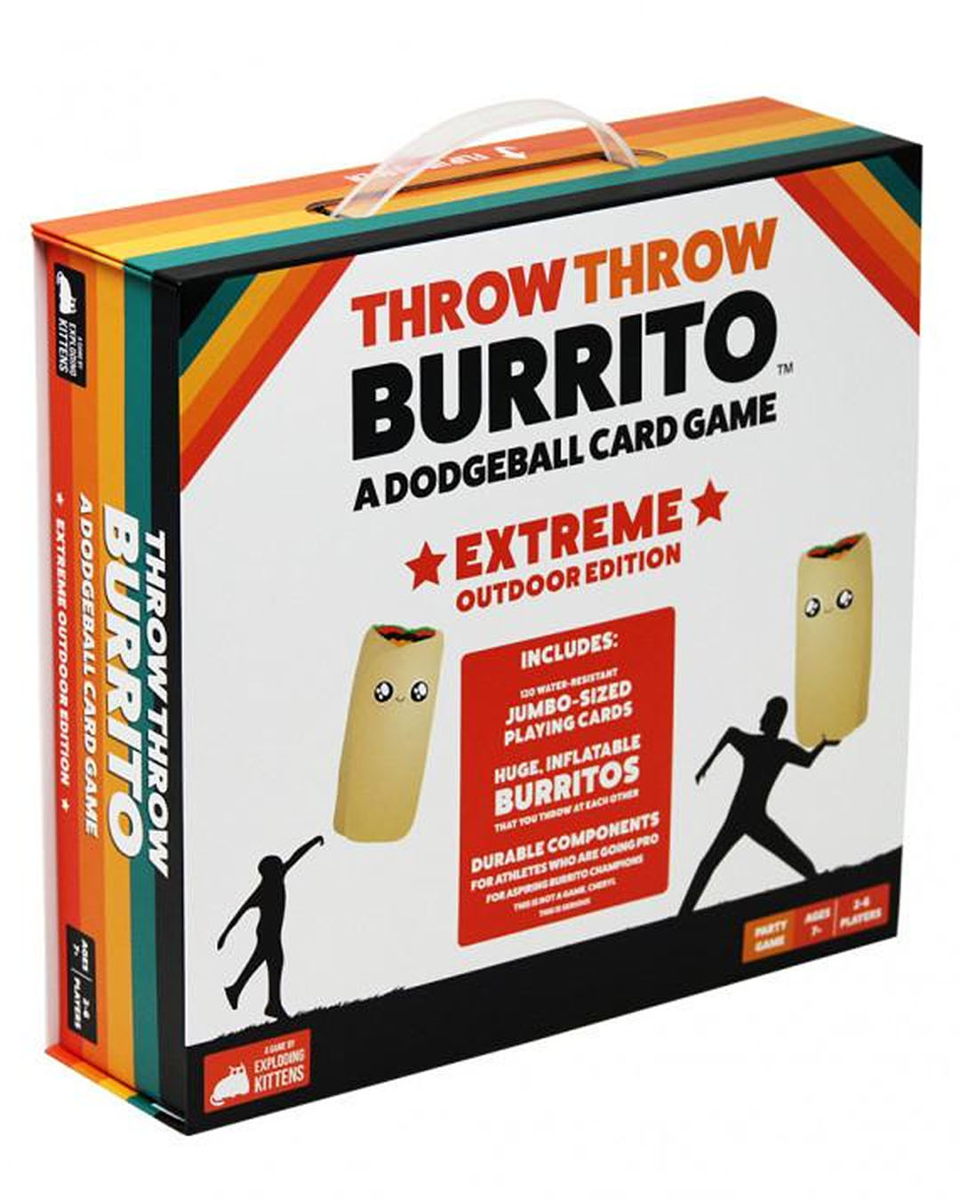 A board game box titled ‘Throw Throw Burrito Extreme Version’ and two cartoon figures hucking burritos at each other. 