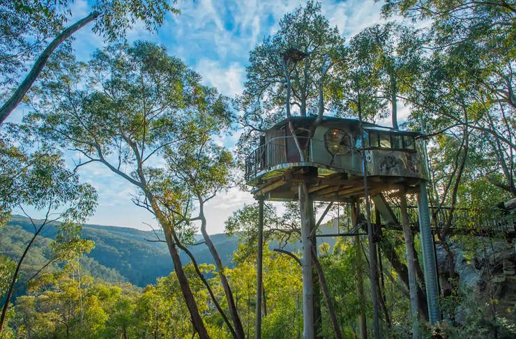 A treehouse on stilts looking over the Blue Mountains.