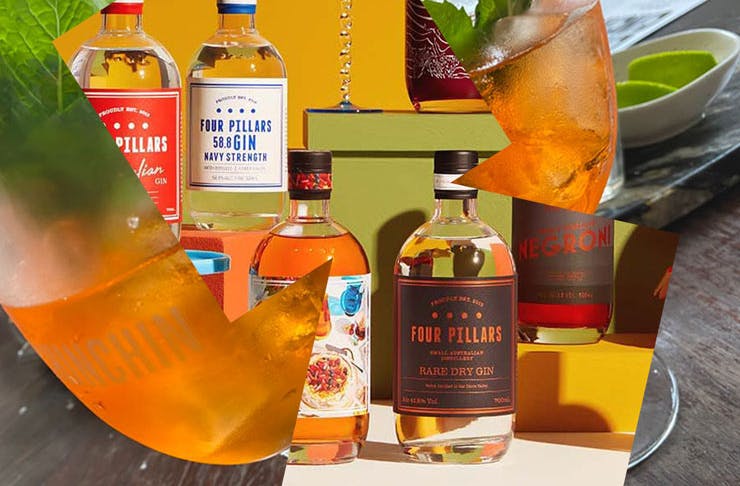 A collage featuring Four Pillars' Christmas gin range, and glasses of Aperol Spritz. 