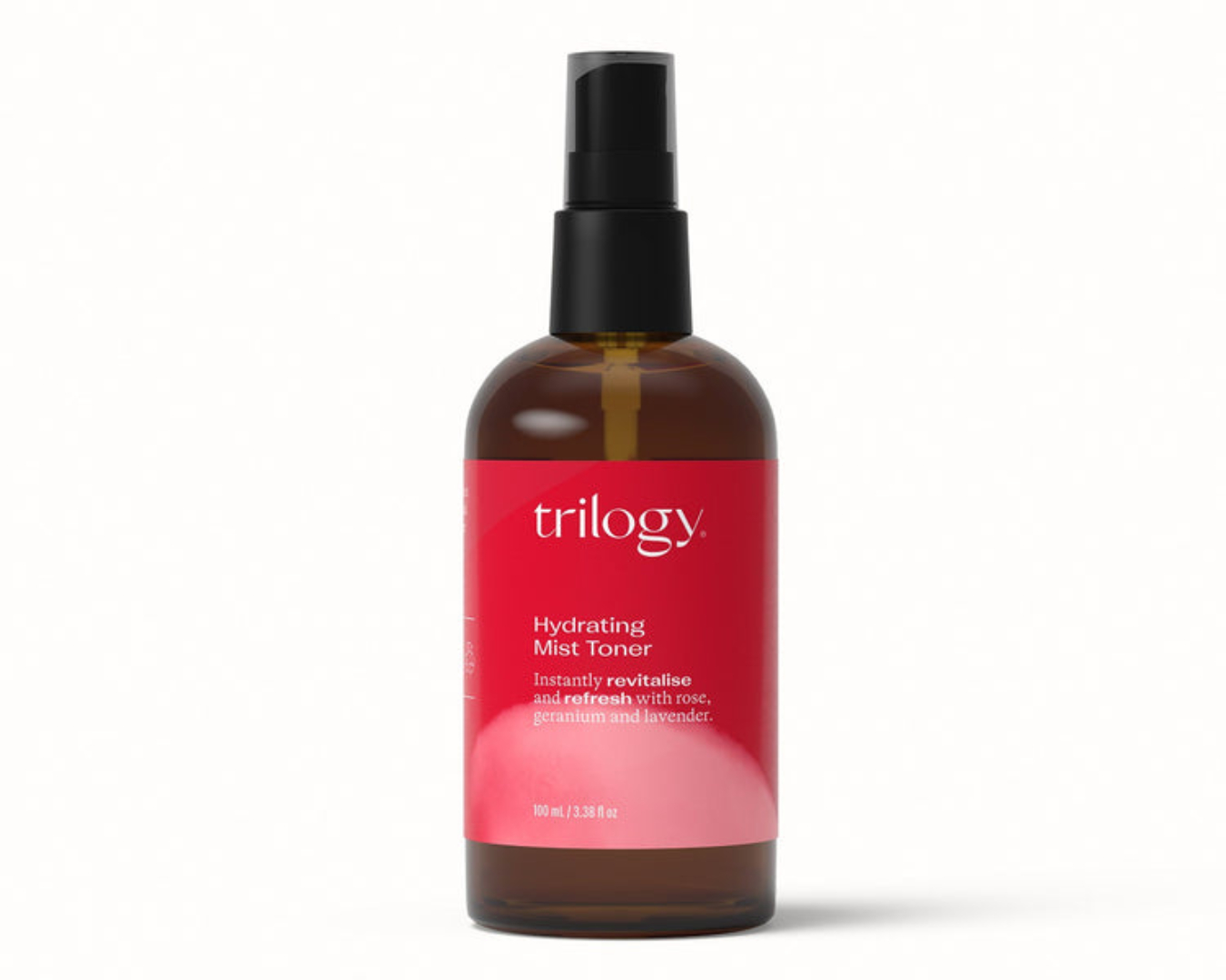A bottle of Trilogy's Hydrating Mist Toner with key ingredients of rose, geranium and lavender visible on the label