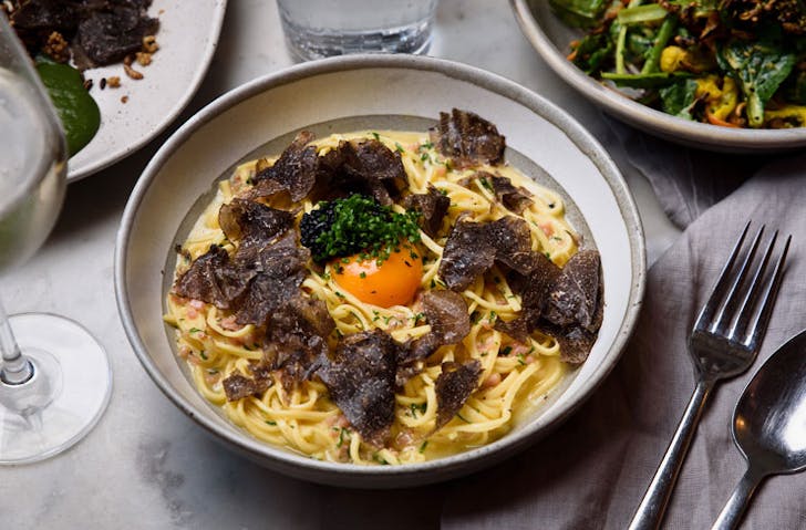 angel hair carbonara with smoked caviar and truffle