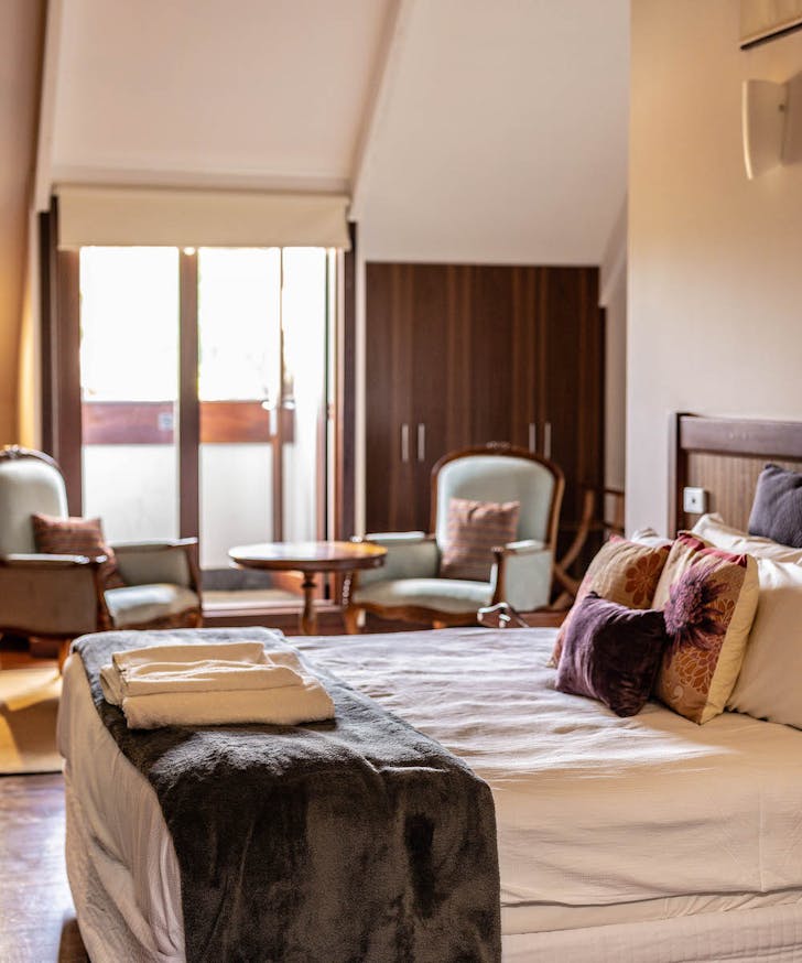 A luxe bedroom in a country lodge