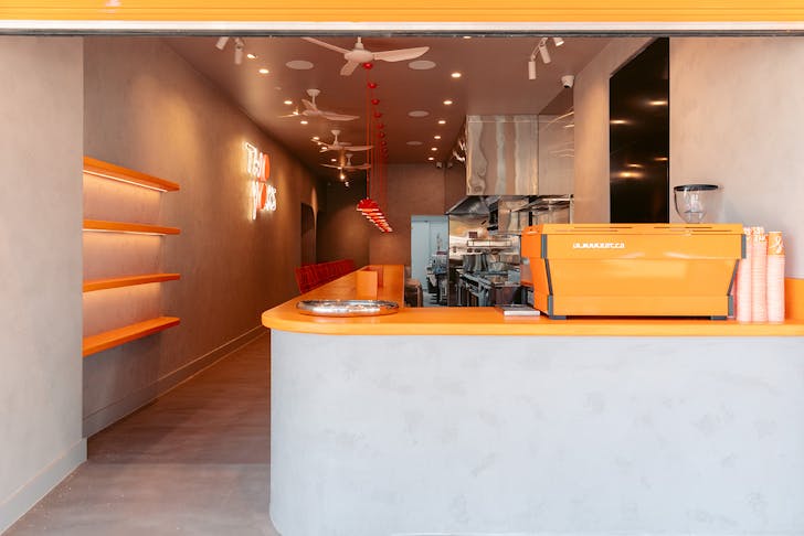 the orange interior of a diner