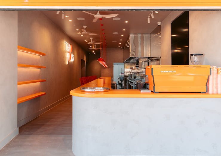 the orange interior of a diner