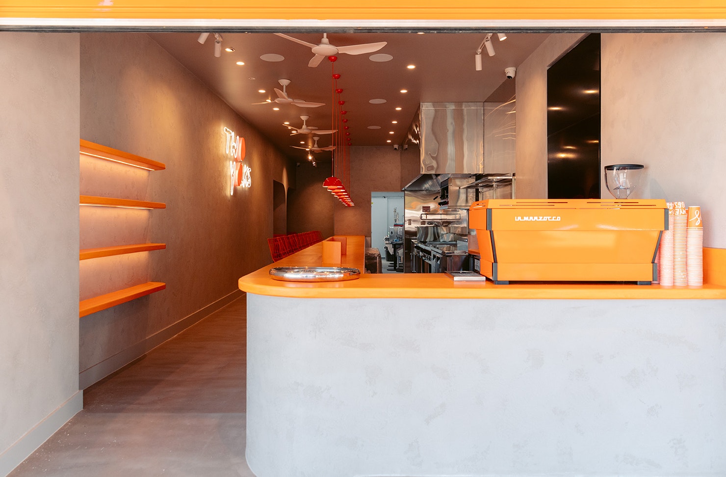 the orange interior of a diner