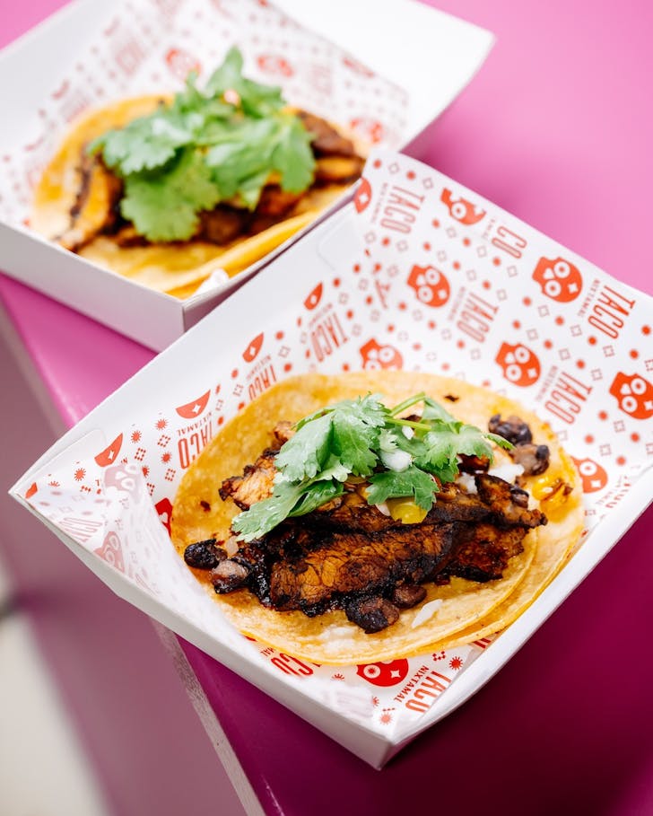 two tacos topped with coriander at the hay st market in sydney