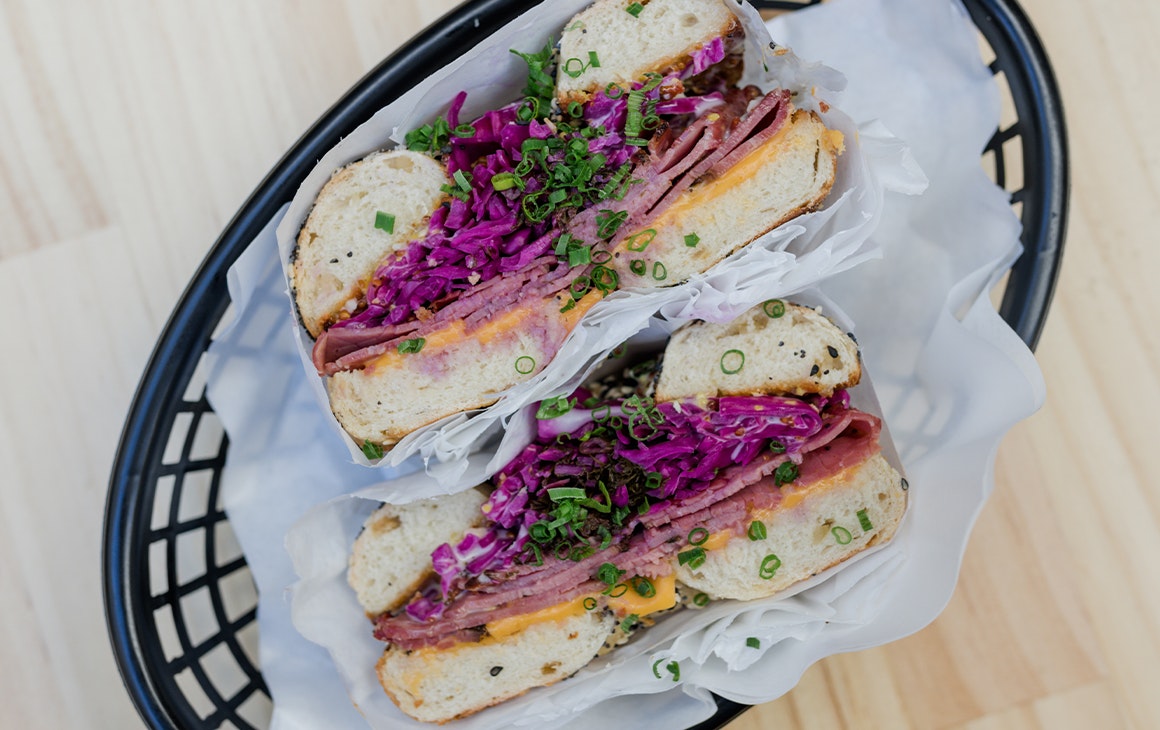 a bagel filled with pastrami