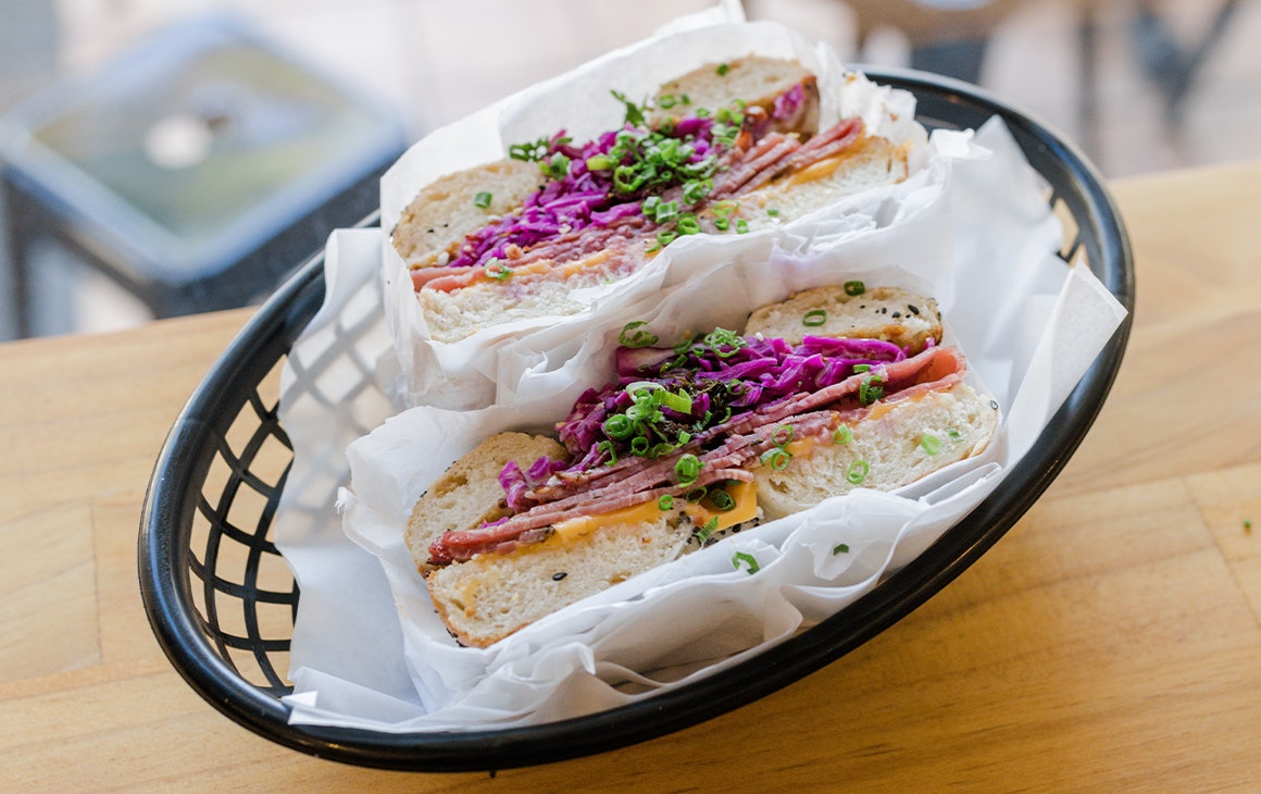 a pastrami filled bagel
