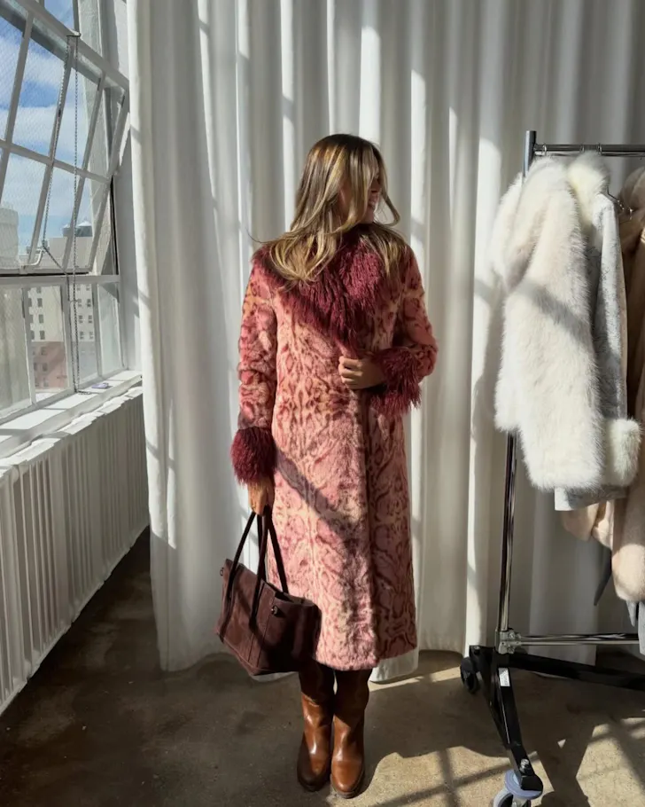 A maroon patterned fur coat at the Unreal Fur showroom