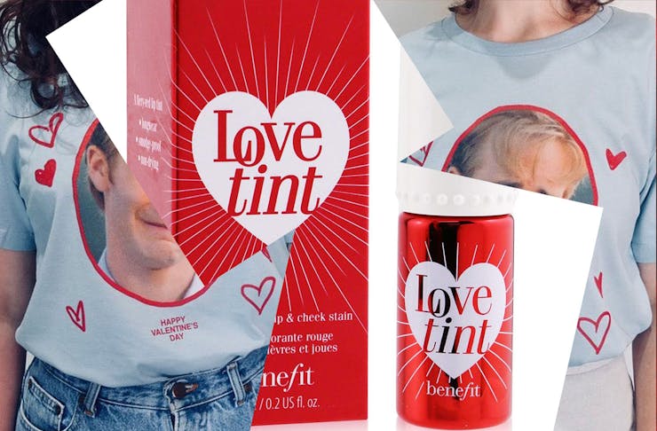 A collage showing a couple wearing pale blue Valentine's Day shirts, and a bottle of Benefit's LoveTint lip and cheek stain. 