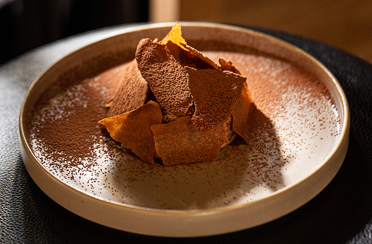 A vegan mousse on a flat plate.