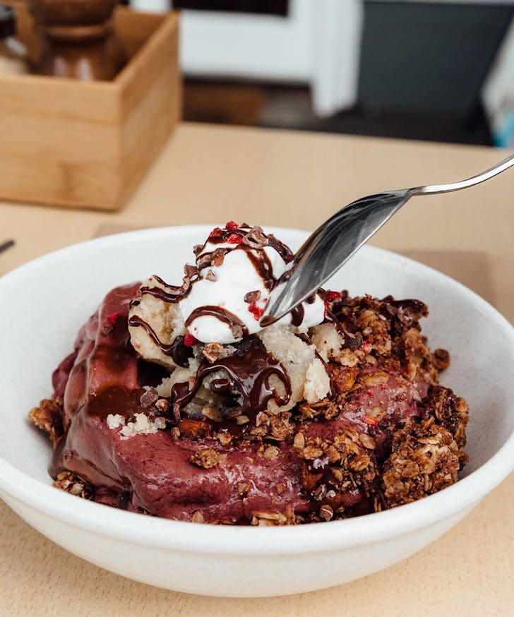 an acai bowl with vegan cookie dough