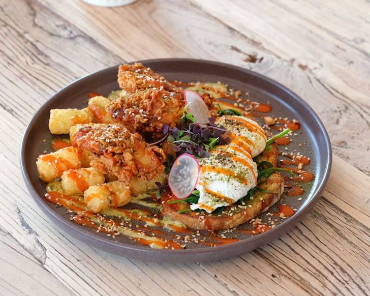 A fried chicken breakfast dish from Harvest Espresso
