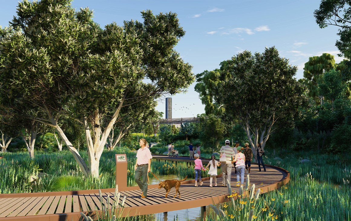 render of a boardwalk through a wetland