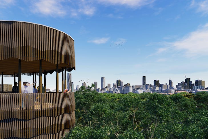 a render of a tree house overlooking the city