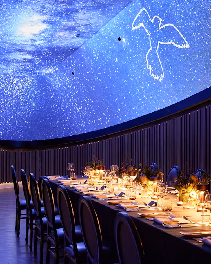 an illuminated artwork above a dining table at a vivid food event