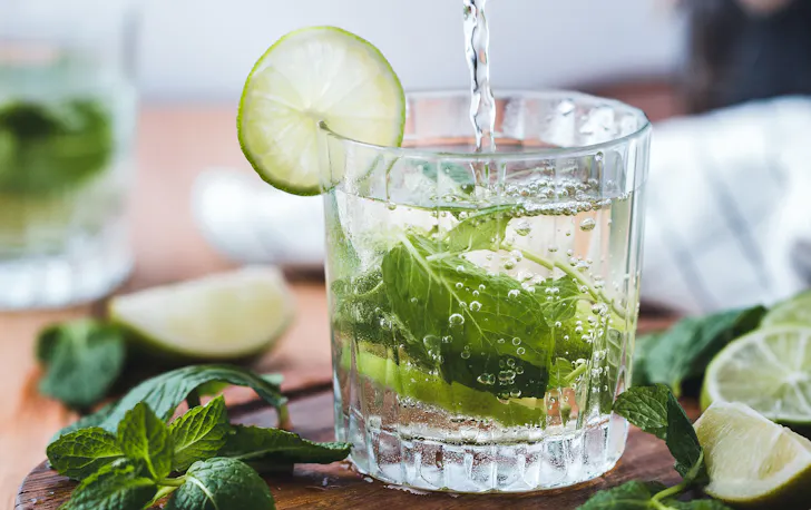 A glass of vodka with lime and other green leaves