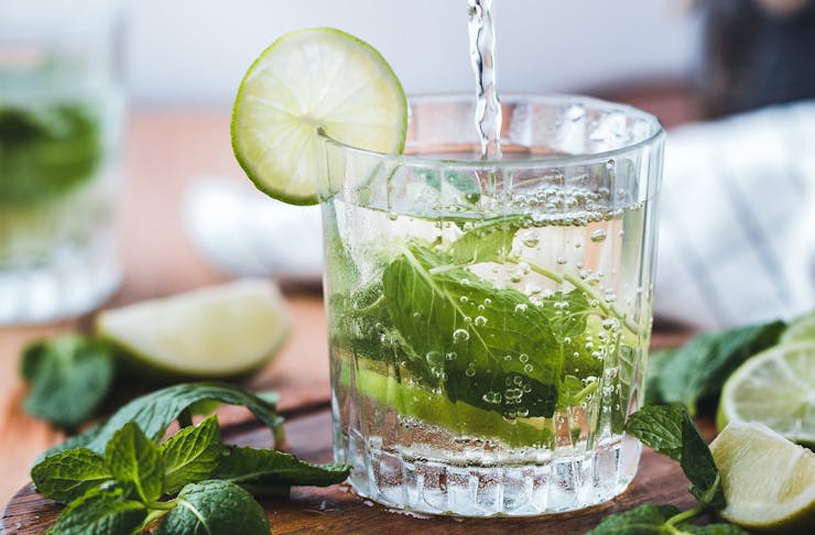 A glass of vodka with lime and other green leaves